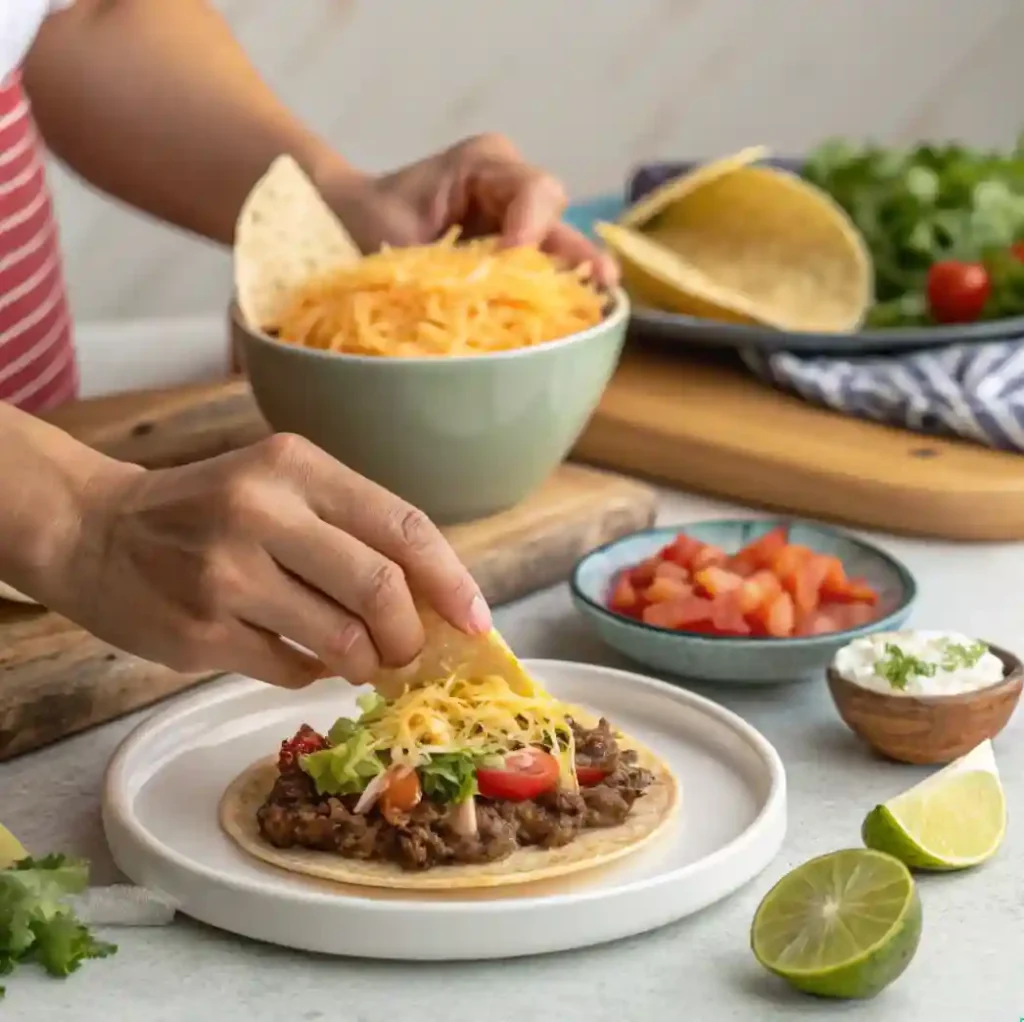 A person assembling a homemade Taco Bell Chalupa Supreme, topping a soft tortilla with seasoned beef, shredded cheese, lettuce, diced tomatoes, and fresh ingredients.