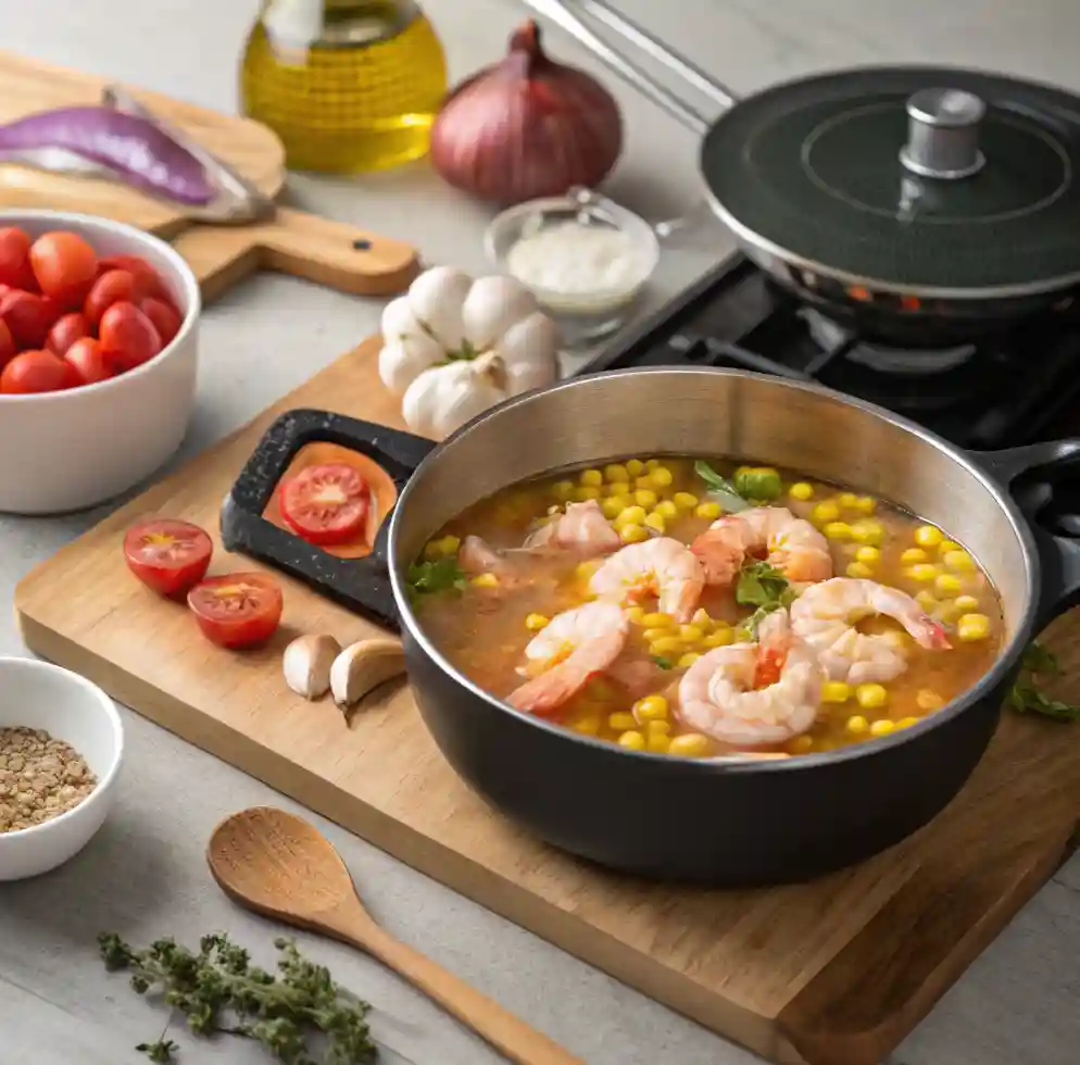 A pot of shrimp and corn soup simmering on the stove, surrounded by fresh ingredients like tomatoes, garlic, onion, and herbs.