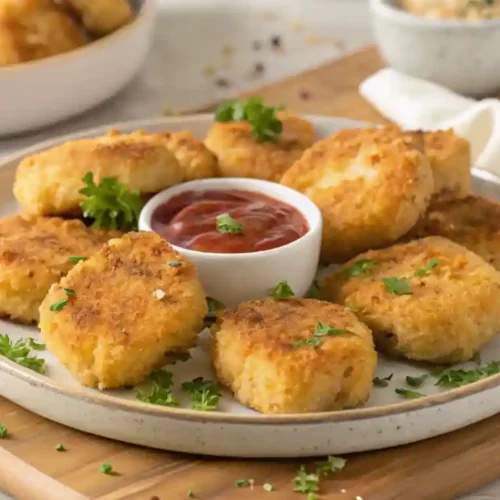 A plate of crispy, golden homemade Chicken McNuggets served with a small bowl of ketchup, garnished with fresh parsley on a rustic wooden board. A bowl of dipping sauce and additional nuggets are visible in the background.