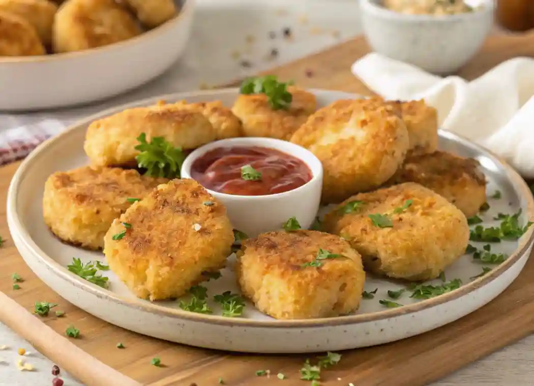 A plate of crispy, golden homemade Chicken McNuggets served with a small bowl of ketchup, garnished with fresh parsley on a rustic wooden board. A bowl of dipping sauce and additional nuggets are visible in the background.