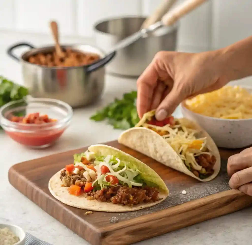 A person assembling homemade Taco Bell Chalupa Supreme, filling soft taco shells with seasoned beef, lettuce, shredded cheese, and diced tomatoes on a wooden board.