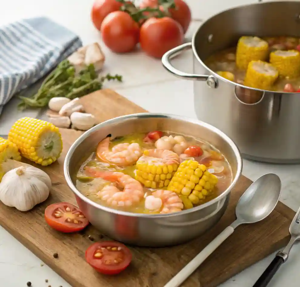 A bowl of shrimp and corn soup served with fresh ingredients like garlic, tomatoes, and herbs, with a pot of soup in the background.