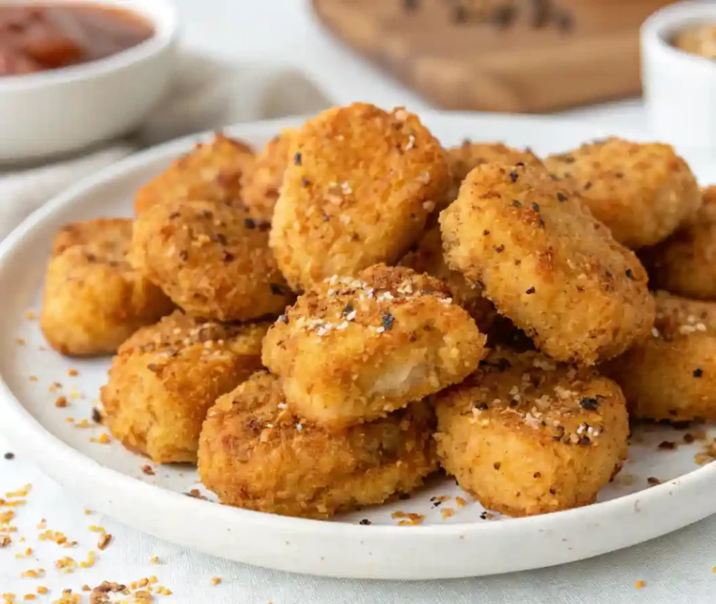 A plate of crispy homemade Chicken McNuggets, golden brown and seasoned with spices, served with dipping sauce in the background. The nuggets have a crunchy, textured coating.