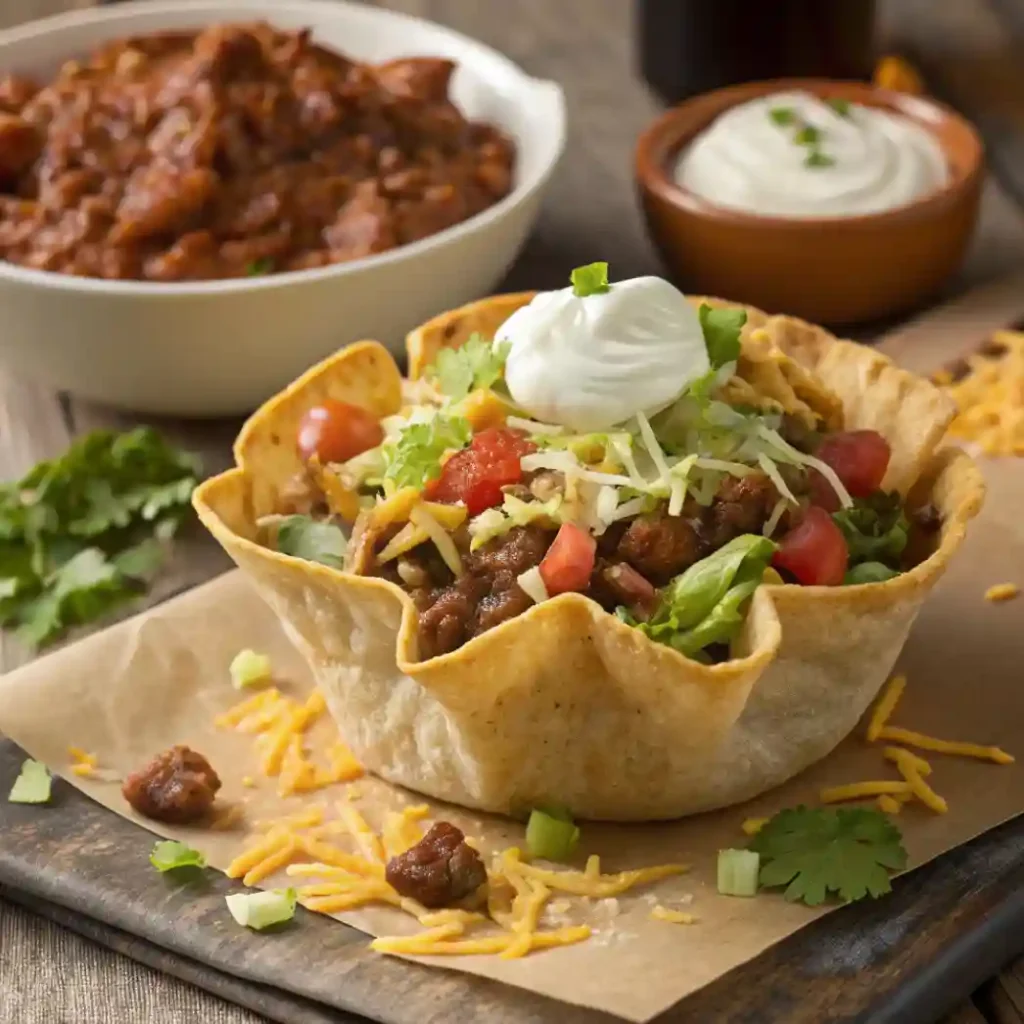 A crispy taco bowl filled with seasoned beef, lettuce, shredded cheese, diced tomatoes, and sour cream, served on a rustic wooden board with toppings and sides.