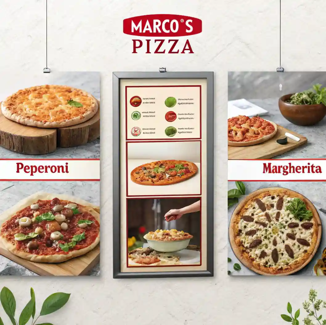 A Marco’s Pizza menu display featuring a variety of pizza options, including Pepperoni and Margherita, along with a visual breakdown of ingredients.