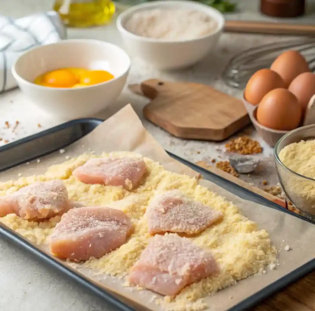 Raw chicken pieces being coated in a crispy breadcrumb mixture on a parchment-lined baking sheet, with eggs, flour, and seasoning in the background, prepared for making homemade Chicken McNuggets.