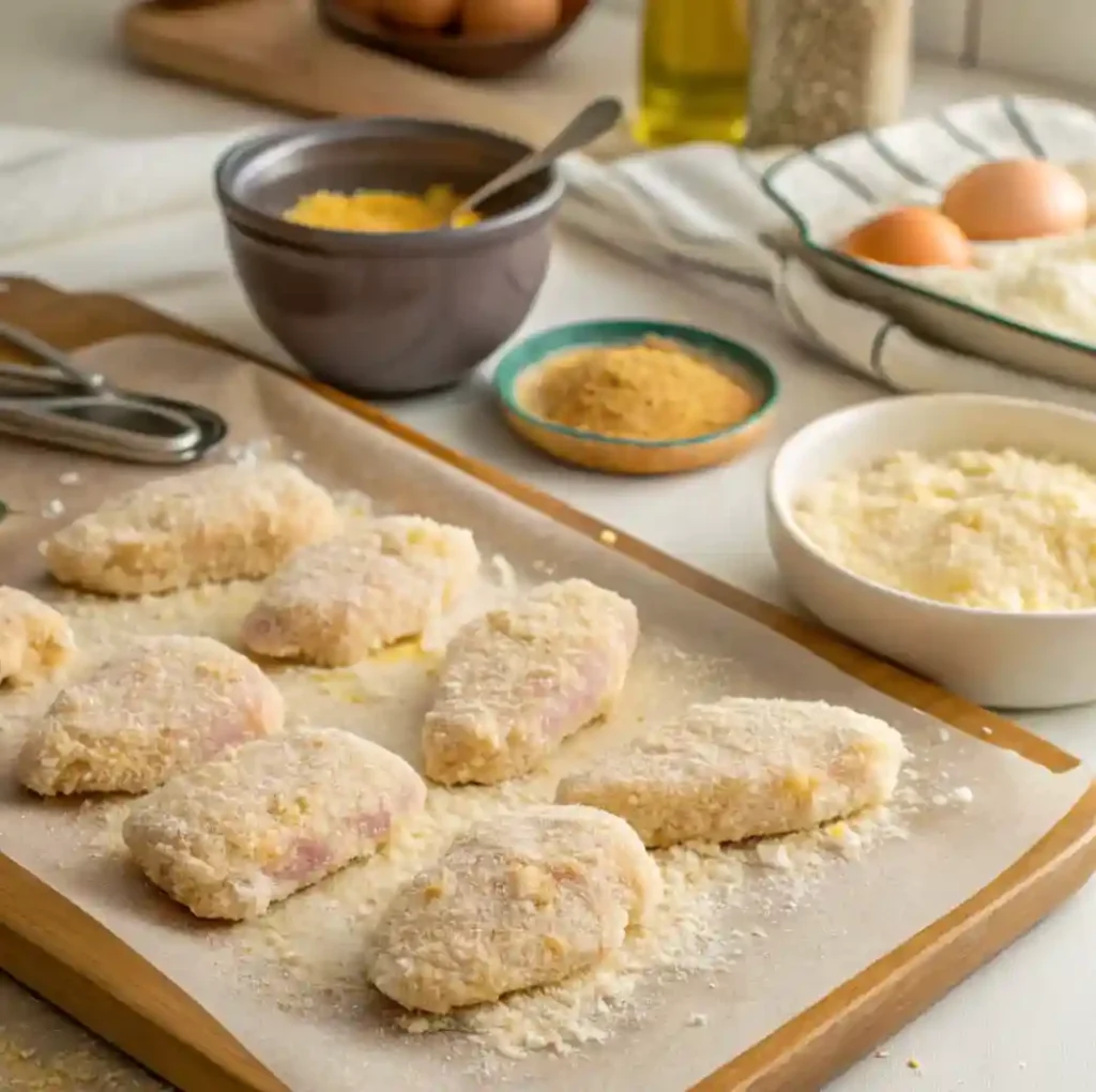 Raw, breaded homemade Chicken McNuggets arranged on a parchment-lined cutting board, ready for frying or baking. Ingredients like eggs, breadcrumbs, and flour are visible in the background.