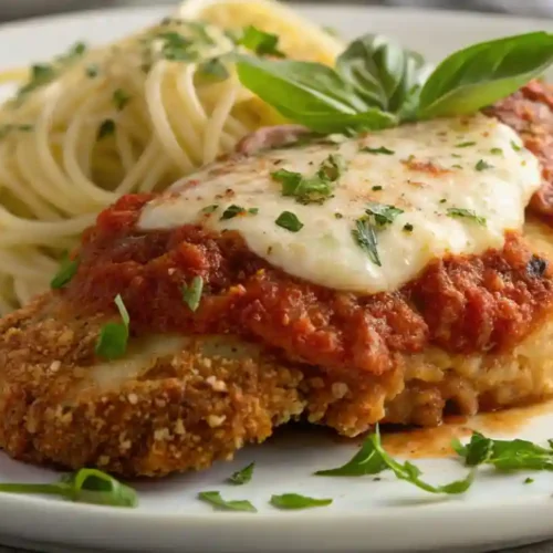 A plate of crispy Chicken Parmesan topped with marinara sauce, melted mozzarella, and fresh basil, served alongside a portion of spaghetti garnished with parsley.