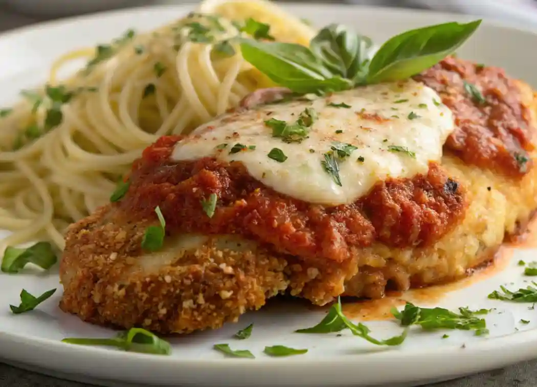 A plate of crispy Chicken Parmesan topped with marinara sauce, melted mozzarella, and fresh basil, served alongside a portion of spaghetti garnished with parsley.