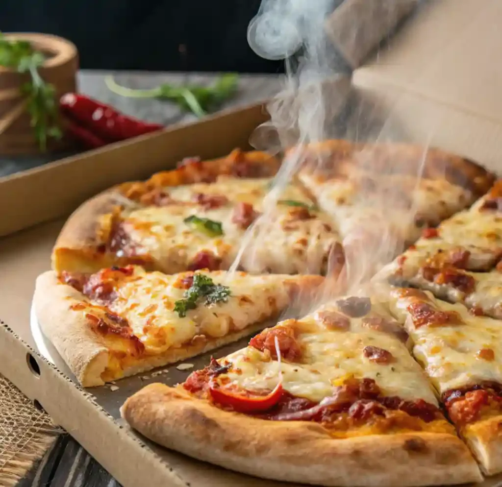 Marco’s Pizza menu; A freshly baked cheese and tomato pizza in a cardboard delivery box, with steam rising from the hot slices.