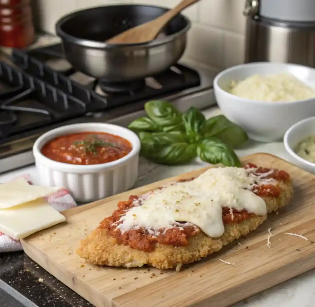 A freshly made Chicken Parmesan cutlet topped with marinara sauce and melted mozzarella cheese, resting on a wooden cutting board. Fresh basil, a bowl of marinara sauce, and grated Parmesan cheese are in the background.