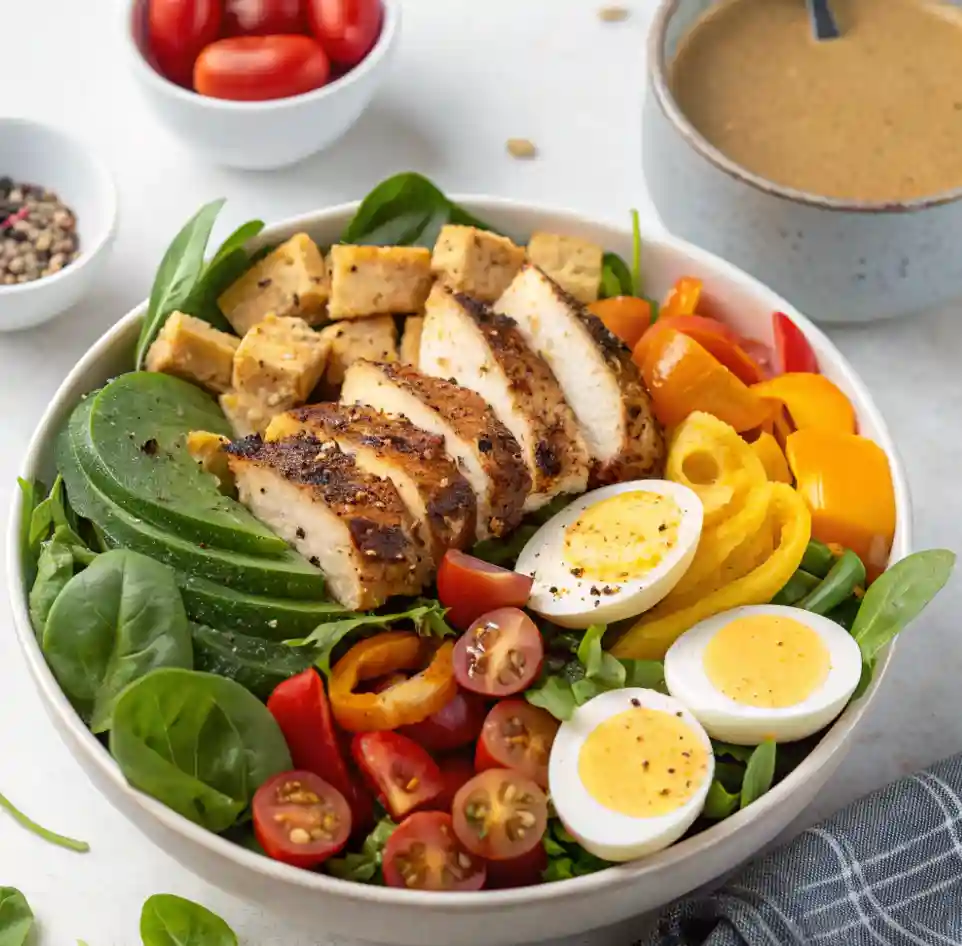 A high-protein salad bowl with grilled chicken, boiled eggs, avocado, cherry tomatoes, spinach, bell peppers, and tofu, served with a creamy dressing.