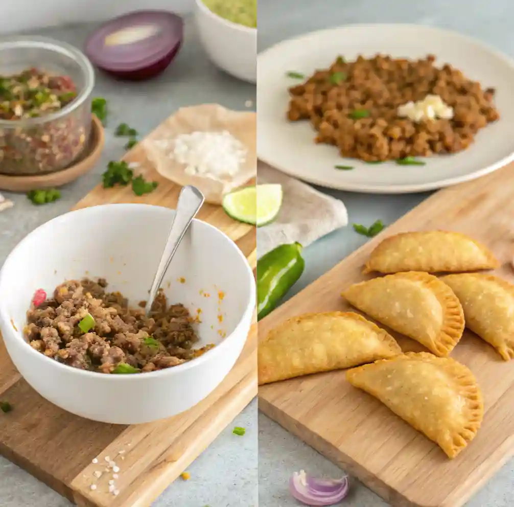 A step-by-step preparation of Colombian empanadas, showing seasoned beef filling in a bowl and freshly fried empanadas on a wooden board.