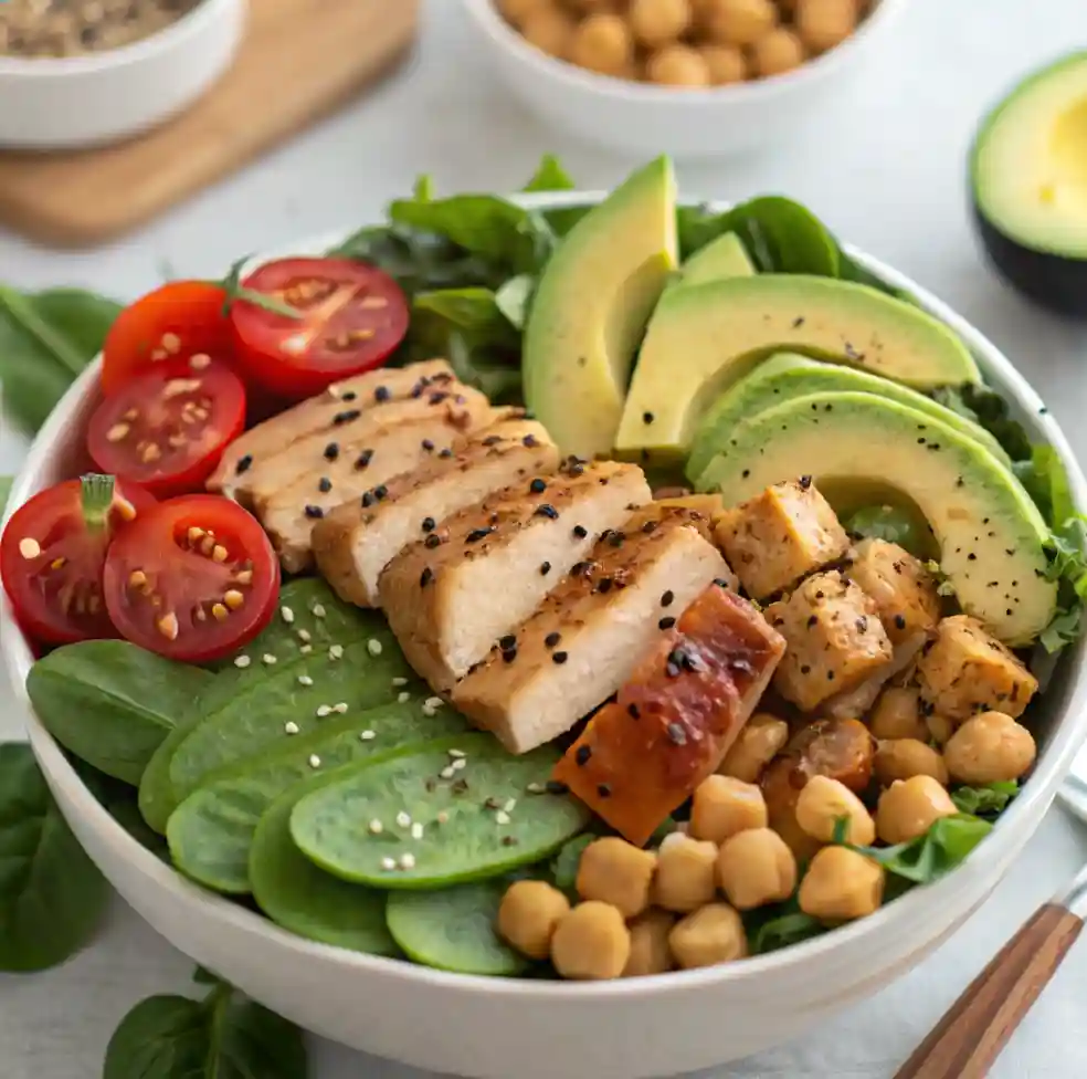 A nutritious High-protein lunch salads bowl with grilled chicken, avocado slices, chickpeas, cherry tomatoes, and fresh spinach, topped with sesame seeds.