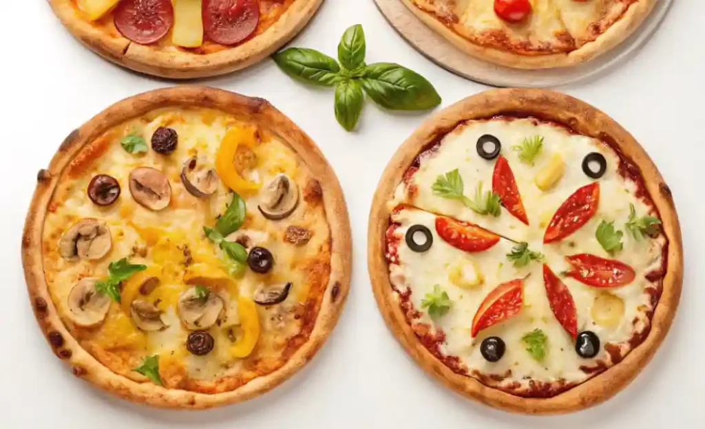 A variety of freshly baked gourmet pizzas with unique toppings, presented on wooden boards with fresh basil leaves in the center.