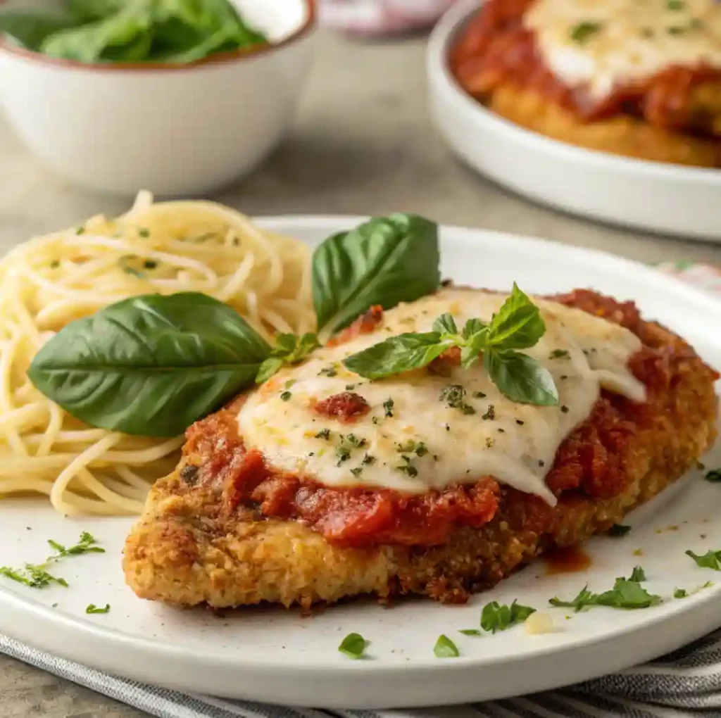 A plate of crispy Chicken Parmesan topped with marinara sauce and melted mozzarella, served with spaghetti and garnished with fresh basil.