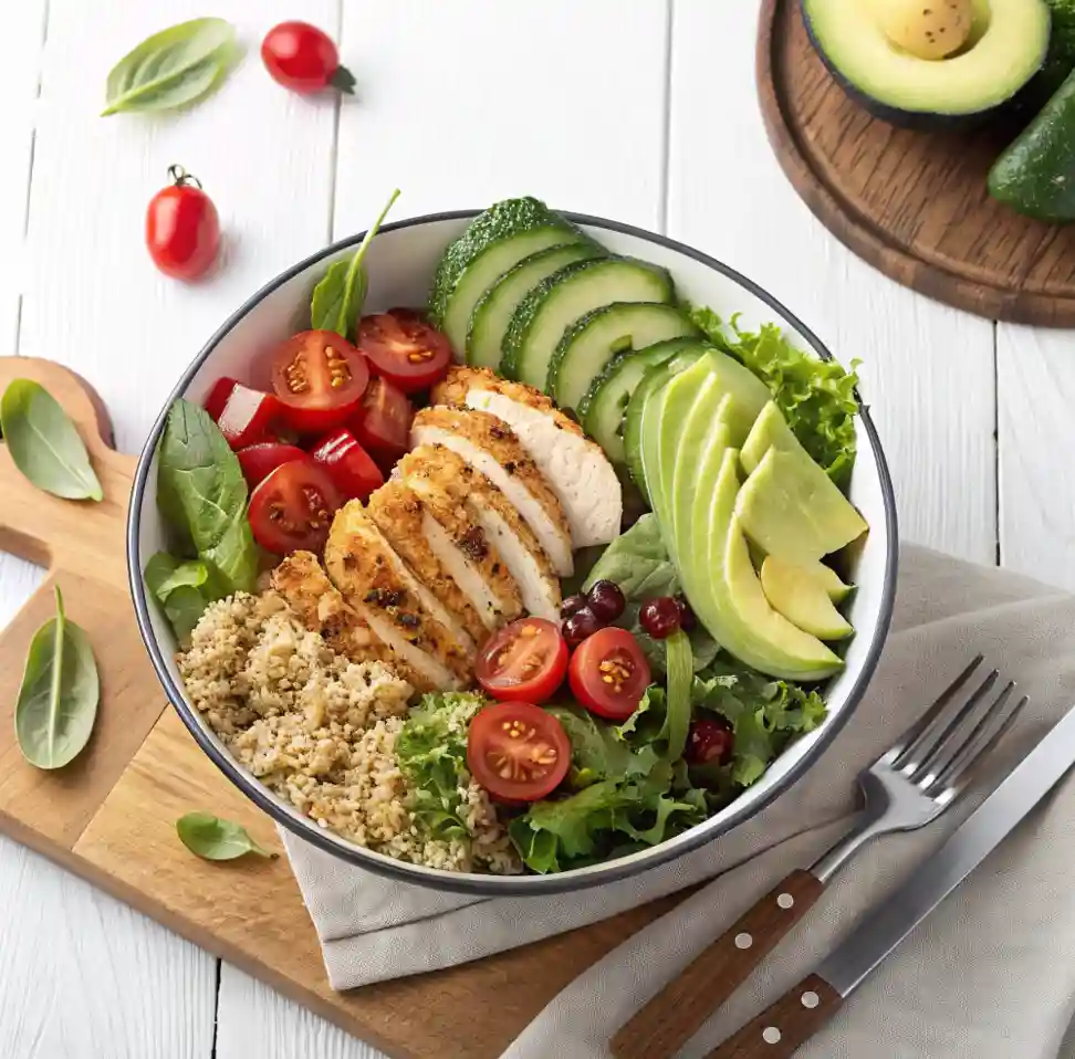 A nutritious high-protein salad bowl with grilled chicken, quinoa, avocado, cherry tomatoes, cucumber, and fresh greens, served on a wooden board with a fork and knife.