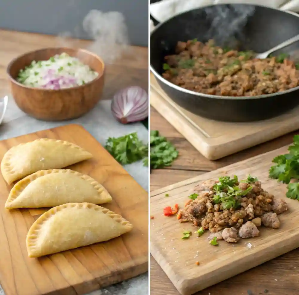 A step-by-step preparation of Colombian empanadas, showing raw empanadas on a wooden board and a pan of seasoned beef filling with fresh ingredients.