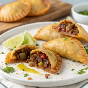 A plate of freshly made Colombian empanadas filled with seasoned beef, potatoes, and vegetables, served with lime wedges and garnished with fresh cilantro.