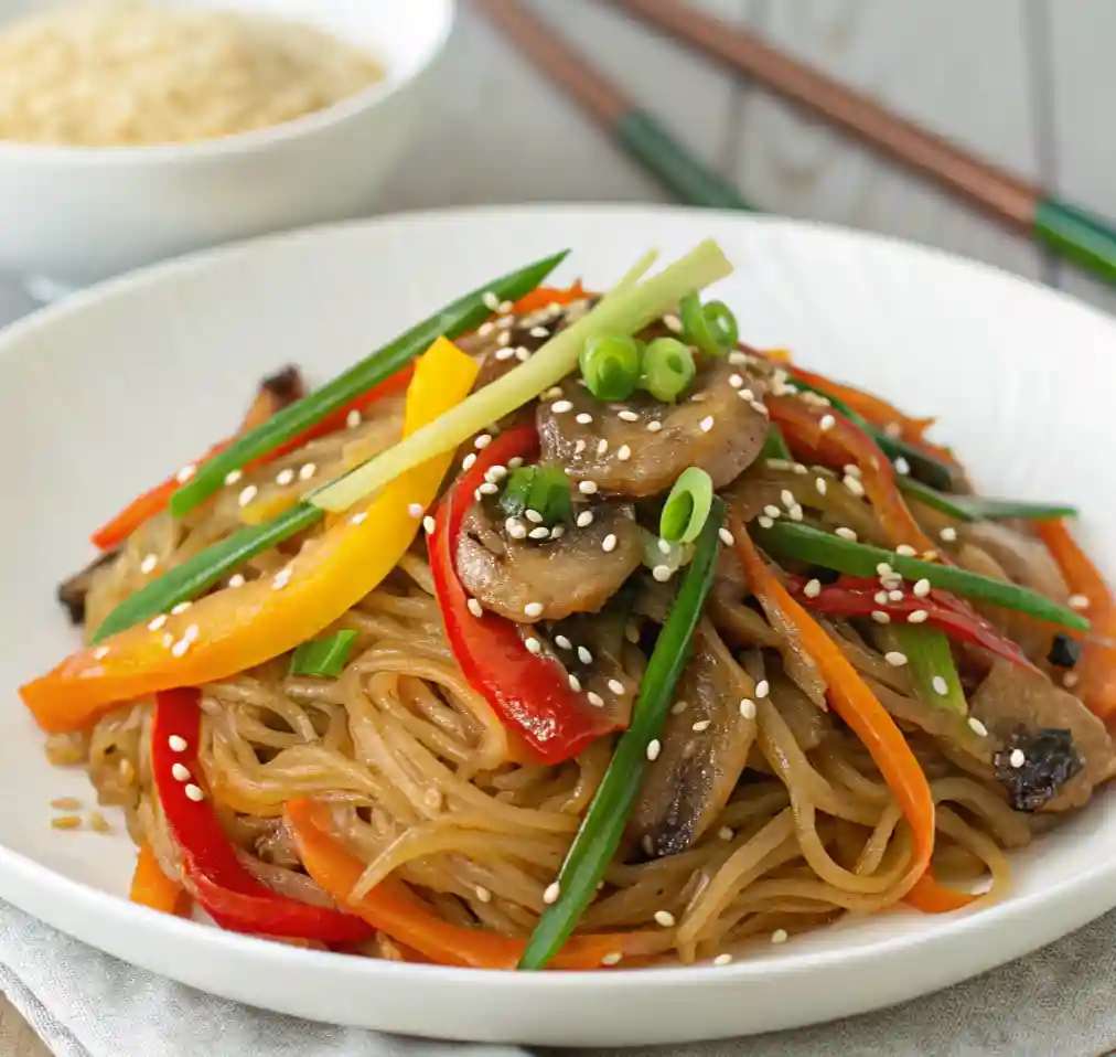 A plate of Authentic Korean Japchae Noodles with stir-fried mushrooms, bell peppers, and green onions, garnished with sesame seeds and julienned vegetables.