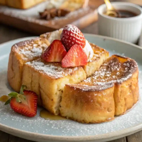 A plate of golden-brown Hawaiian Roll French Toast topped with fresh strawberries, whipped cream, and powdered sugar.