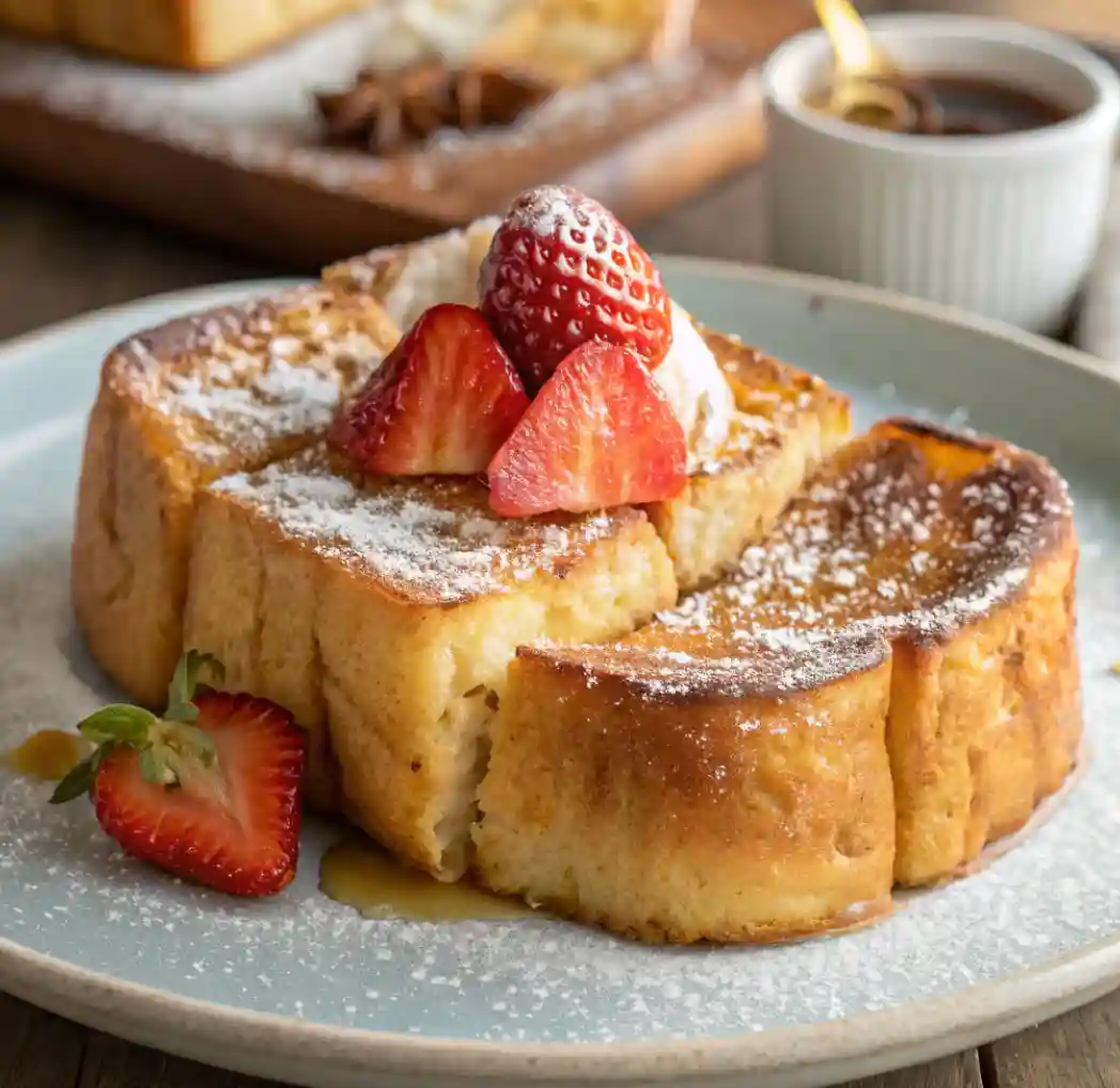 A plate of golden-brown Hawaiian Roll French Toast topped with fresh strawberries, whipped cream, and powdered sugar.