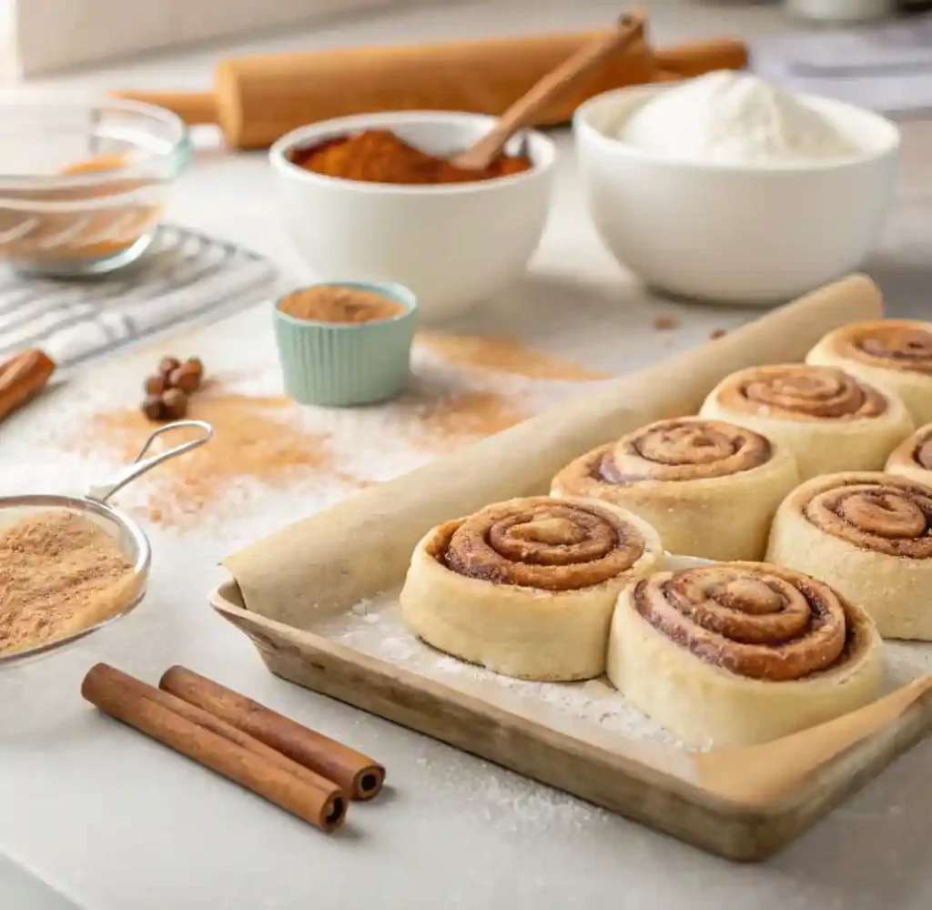 A tray of unbaked cinnamon rolls resting on parchment paper, surrounded by ingredients like cinnamon, flour, and sugar, ready for baking.