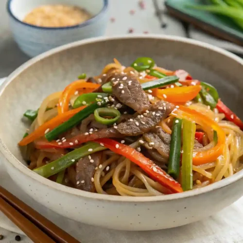 A bowl of Authentic Korean Japchae Noodles with stir-fried beef, colorful bell peppers, and sesame seeds, served in a ceramic dish with chopsticks.