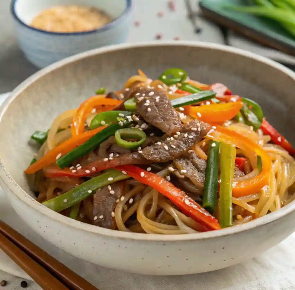 A bowl of Authentic Korean Japchae Noodles with stir-fried beef, colorful bell peppers, and sesame seeds, served in a ceramic dish with chopsticks.