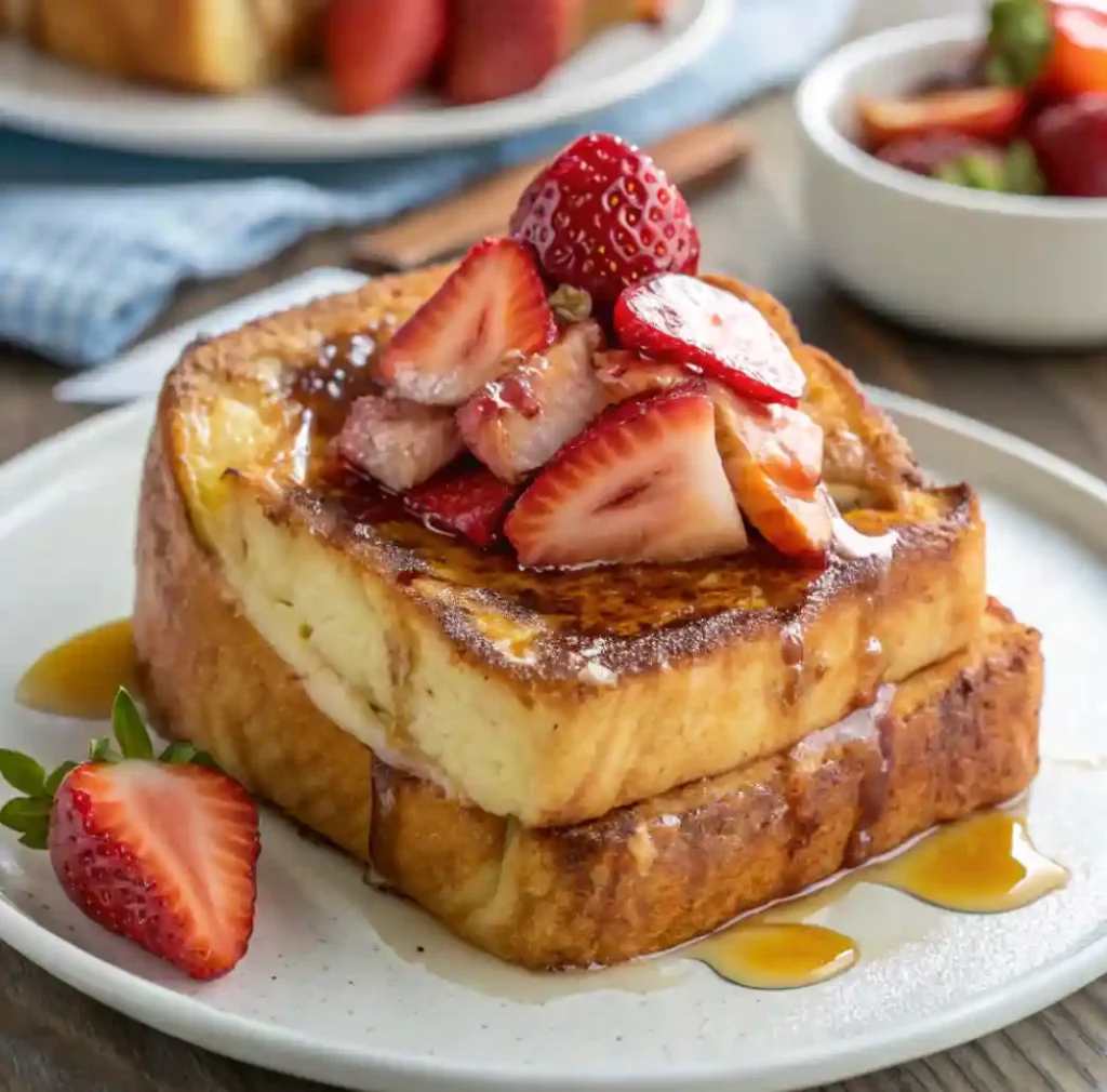 Thick slices of Hawaiian Roll French Toast topped with fresh strawberries and drizzled with syrup on a white plate.