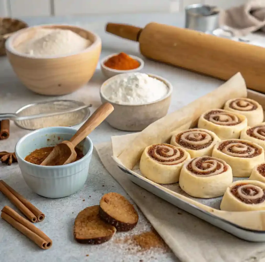 A baking tray filled with freshly prepared unbaked cinnamon rolls, surrounded by baking ingredients like flour, cinnamon, and sugar, ready for the oven.