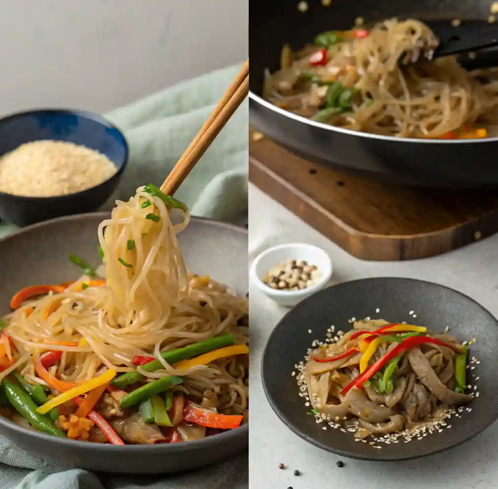 Chopsticks lifting Authentic Korean Japchae Noodles from a bowl, with a second image showing a plated serving of stir-fried glass noodles with colorful vegetables.