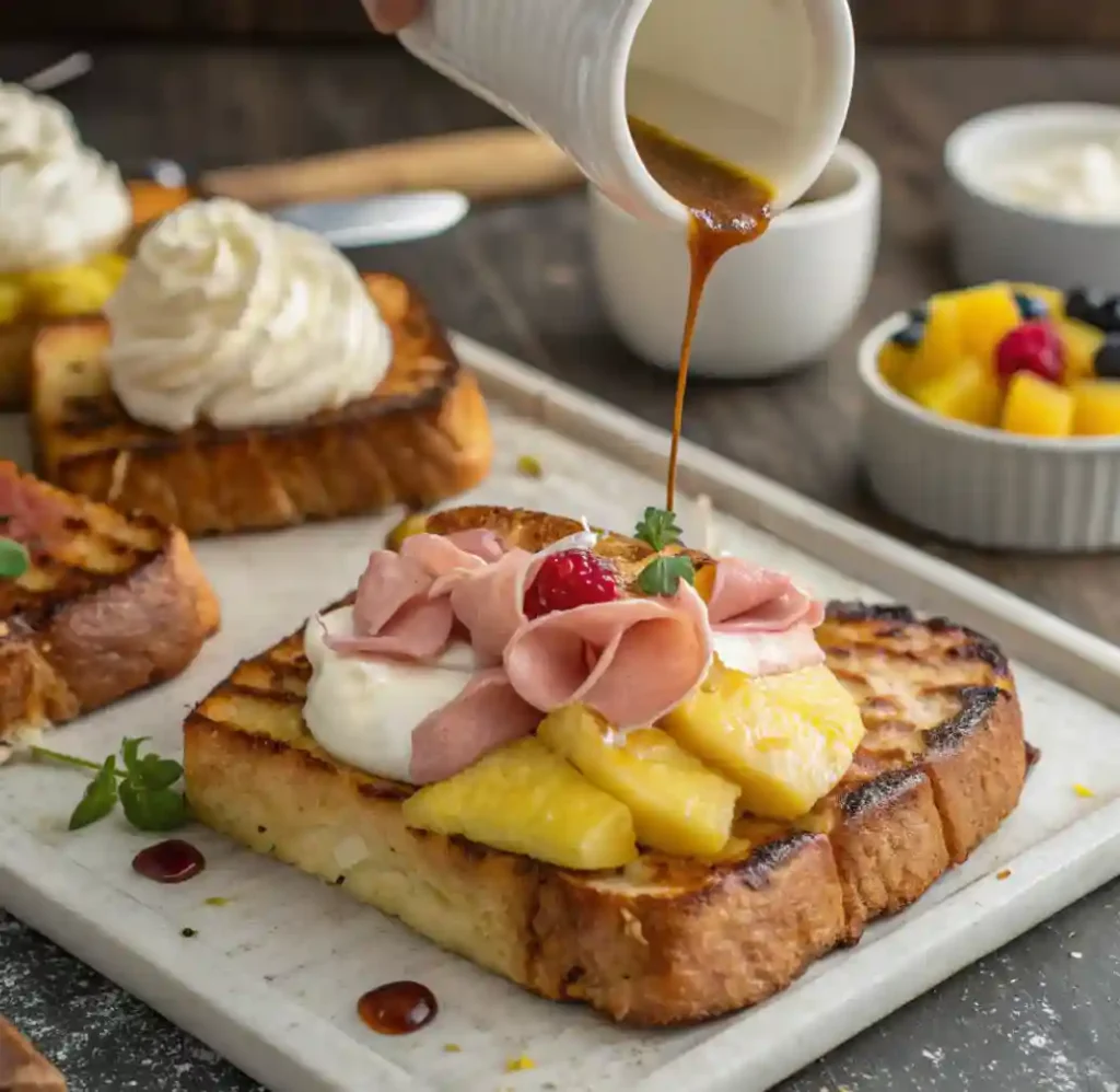 Gourmet Breakfast topped with whipped cream, ham, pineapple, and berries, drizzled with syrup.