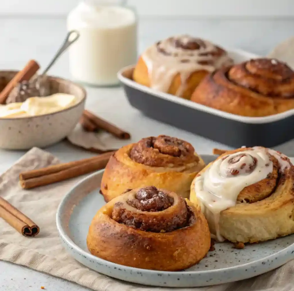 Freshly baked cinnamon rolls served on a plate, with a drizzle of cream cheese frosting, alongside a baking dish filled with more rolls, cinnamon sticks, and a jar of milk in the background.