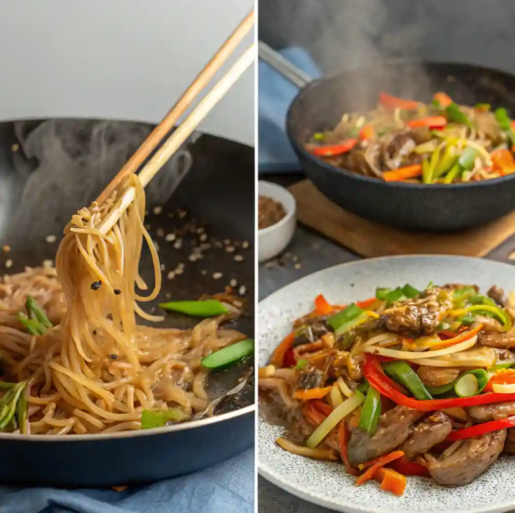 Chopsticks lifting Authentic Korean Japchae Noodles from a steaming pan, with a second image showcasing a plated serving of Japchae with stir-fried beef and vegetables.