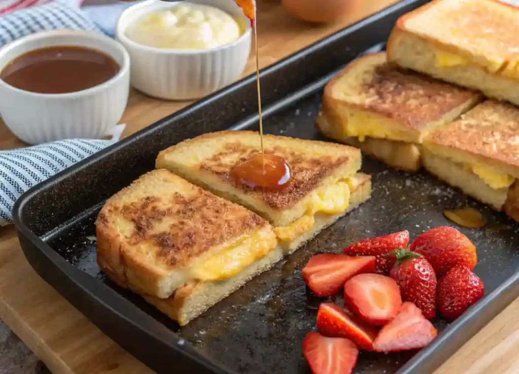 Golden-brown Hawaiian Roll French Toast sandwiches filled with melted cheese, drizzled with syrup, and served with fresh strawberries.