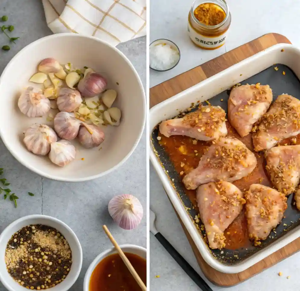 Fresh garlic cloves and seasonings prepared for marinating chicken breasts in a honey garlic sauce, ready for baking.