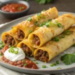 A plate of crispy golden-brown ground beef taquitos garnished with fresh cilantro and green onions, served with salsa and sour cream on the side.