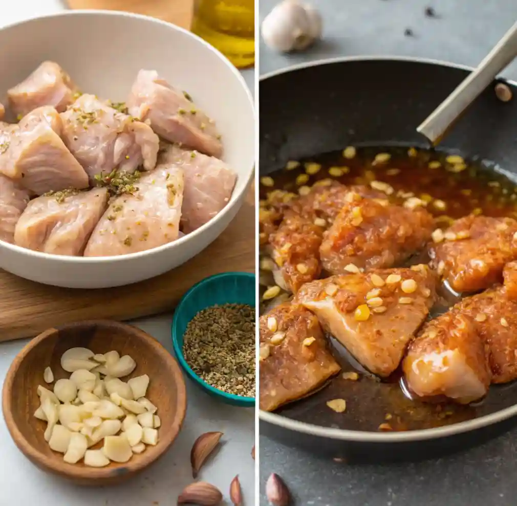 Marinated chicken pieces seasoned with herbs and garlic, then coated and cooked in a rich honey garlic sauce in a skillet.