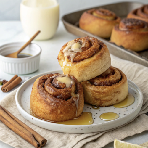 A plate of freshly baked cinnamon rolls drizzled with icing and syrup, served with cinnamon sticks, vanilla extract, and a glass of milk in the background.